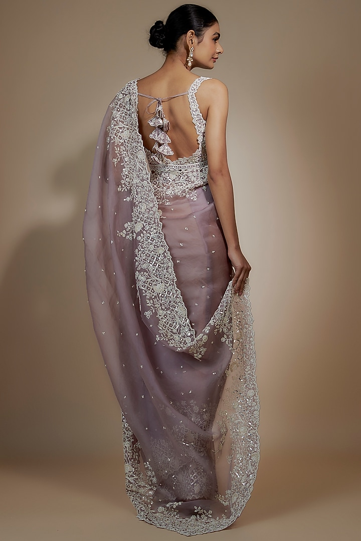 Lilac Organza Hand Embroidered Reception Saree Set by Anushree Reddy at Pernia's Pop Up Shop