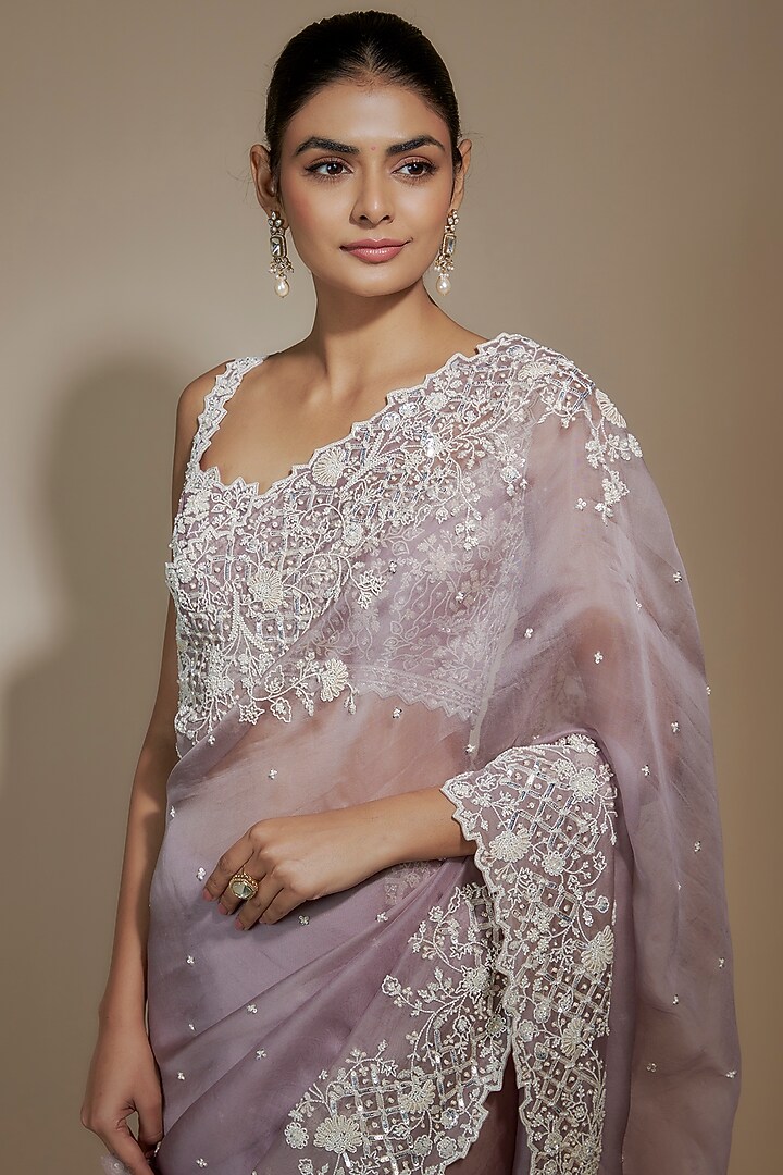 Lilac Organza Hand Embroidered Reception Saree Set by Anushree Reddy at Pernia's Pop Up Shop