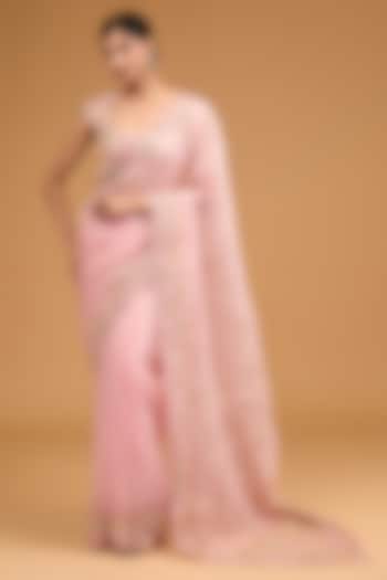 Pink Organza Hand Embroidered Bridal Saree Set by Anushree Reddy at Pernia's Pop Up Shop
