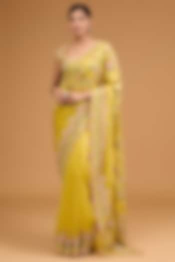 Yellow Organza Hand Embroidered Bridal Saree Set by Anushree Reddy at Pernia's Pop Up Shop