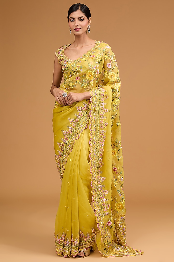 Yellow Organza Hand Embroidered Bridal Saree Set by Anushree Reddy at Pernia's Pop Up Shop