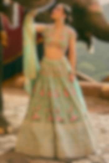 Sea Blue Organza Embroidered Bridal Lehenga Set by Anushree Reddy at Pernia's Pop Up Shop
