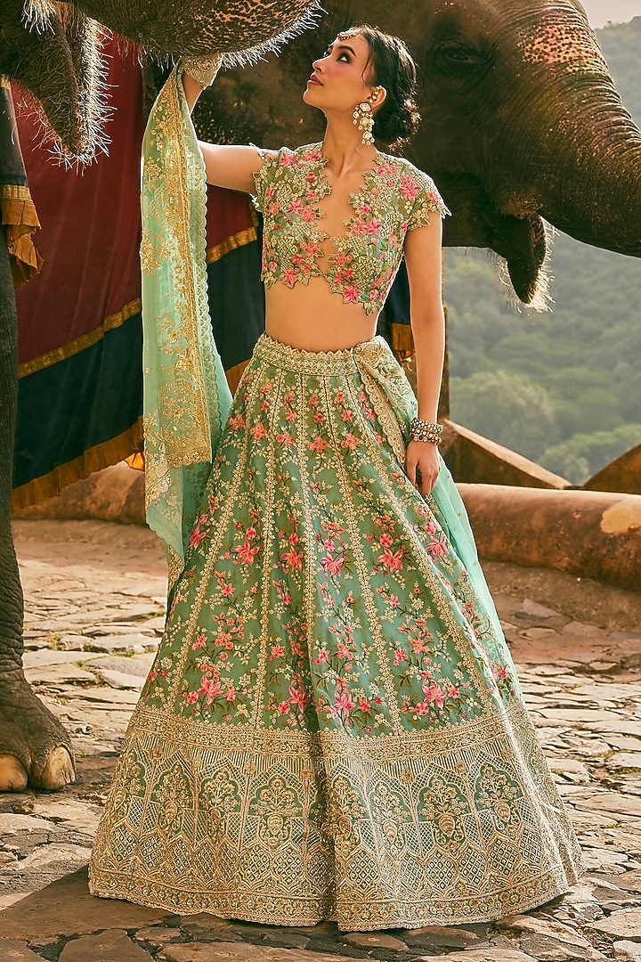 Sea Blue Organza Embroidered Bridal Lehenga Set by Anushree Reddy at Pernia's Pop Up Shop