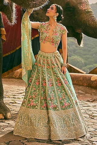 Sea Blue Organza Embroidered Lehenga Set by Anushree Reddy