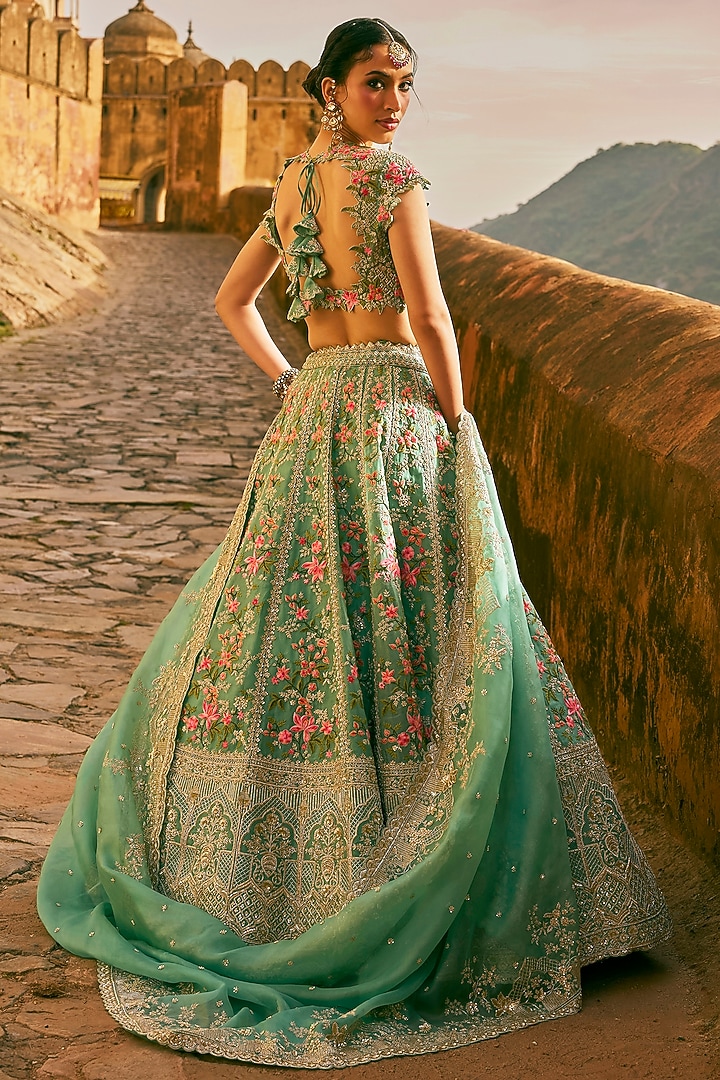 Sea Blue Organza Embroidered Bridal Lehenga Set by Anushree Reddy at Pernia's Pop Up Shop