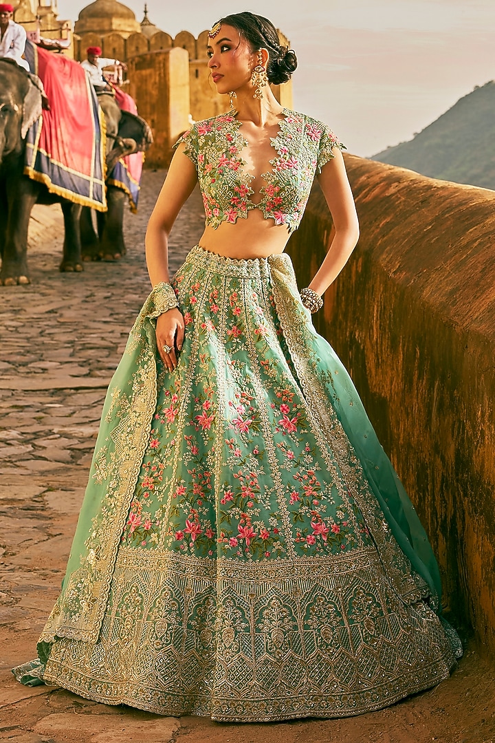 Sea Blue Organza Embroidered Bridal Lehenga Set by Anushree Reddy at Pernia's Pop Up Shop
