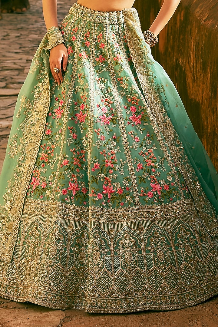 Sea Blue Organza Embroidered Bridal Lehenga Set by Anushree Reddy at Pernia's Pop Up Shop