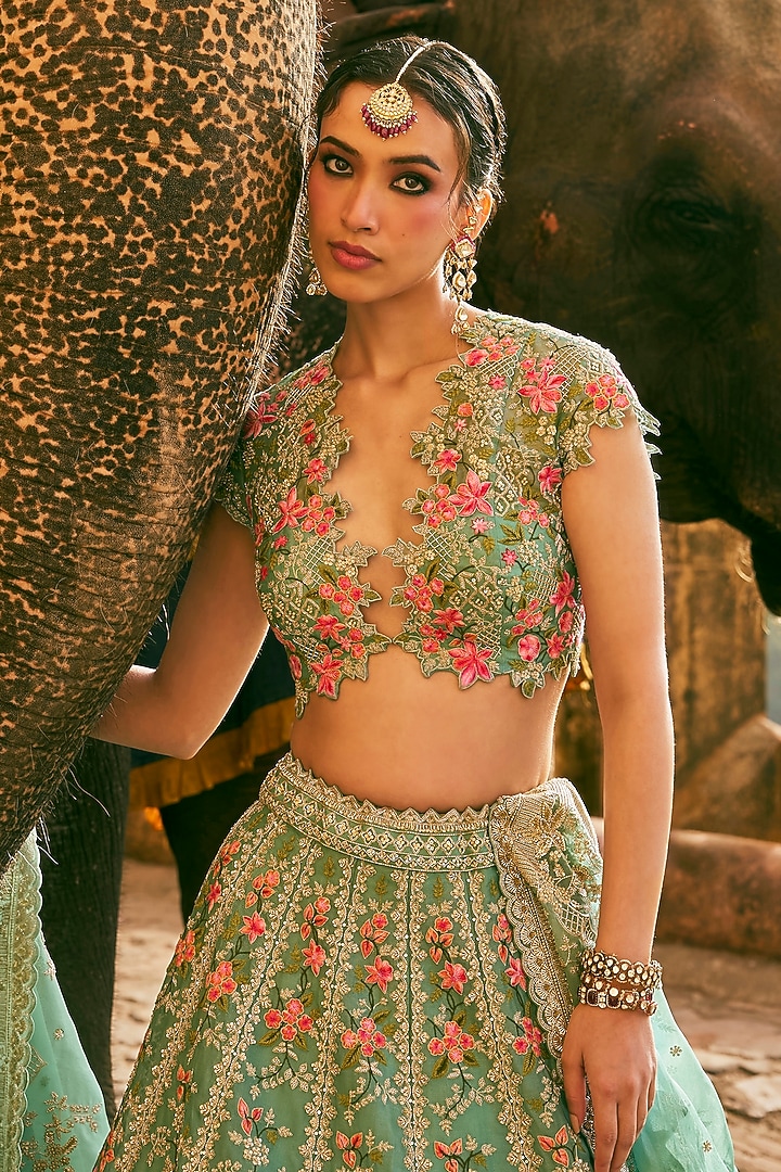 Sea Blue Organza Embroidered Bridal Lehenga Set by Anushree Reddy at Pernia's Pop Up Shop