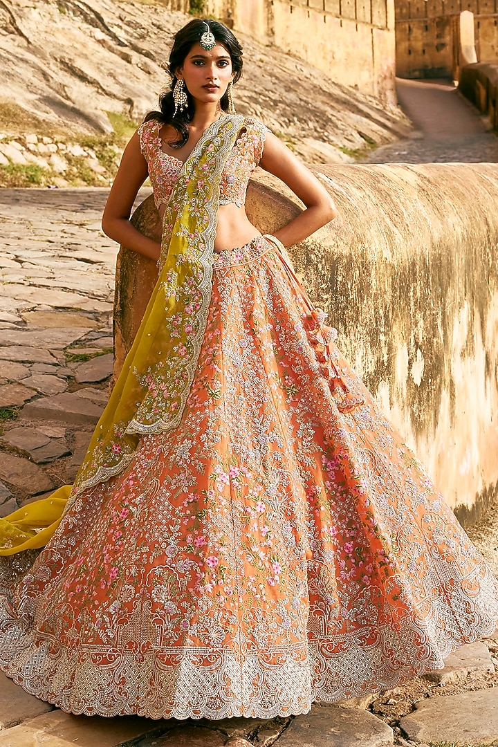 Orange & Yellow Organza Embroidered Bridal Lehenga Set by Anushree Reddy at Pernia's Pop Up Shop