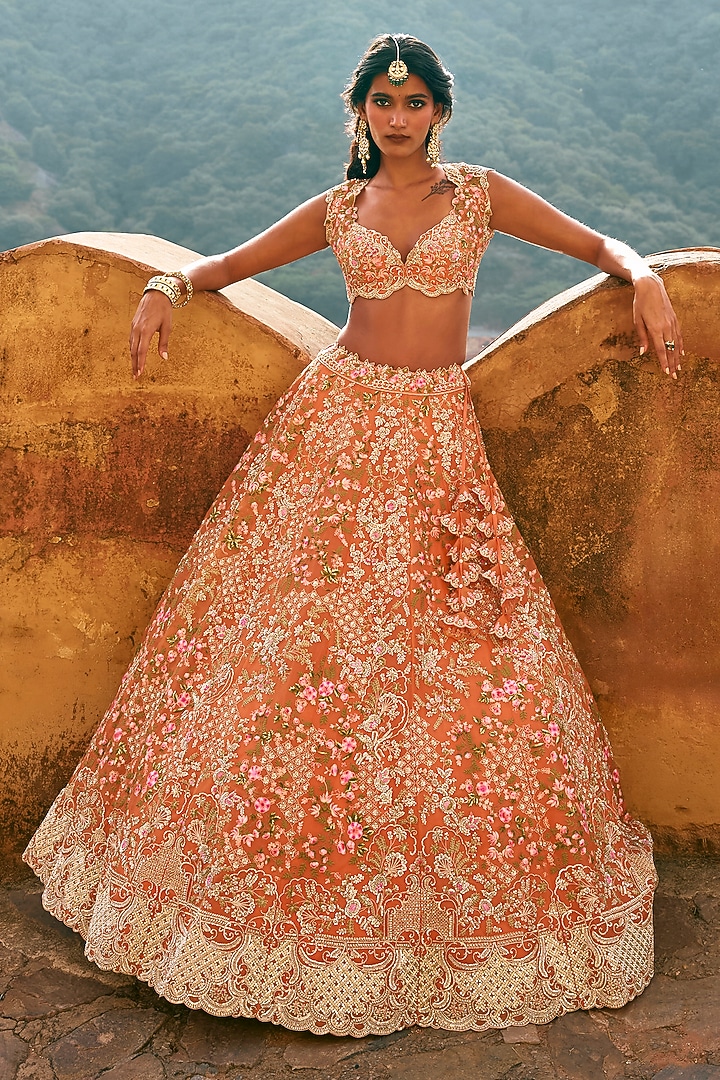 Orange & Yellow Organza Embroidered Bridal Lehenga Set by Anushree Reddy at Pernia's Pop Up Shop
