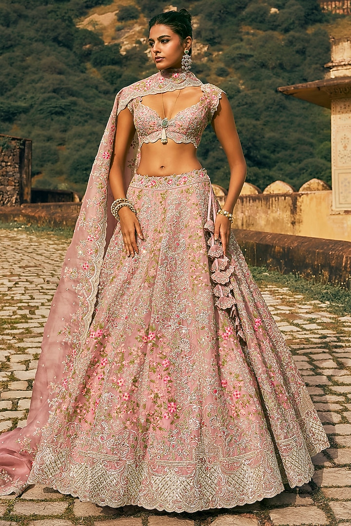 Blush Pink Organza Embroidered Bridal Lehenga Set by Anushree Reddy at Pernia's Pop Up Shop