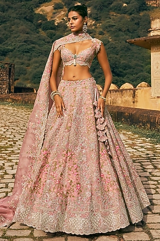 Blush Pink Organza Embroidered Lehenga Set by Anushree Reddy