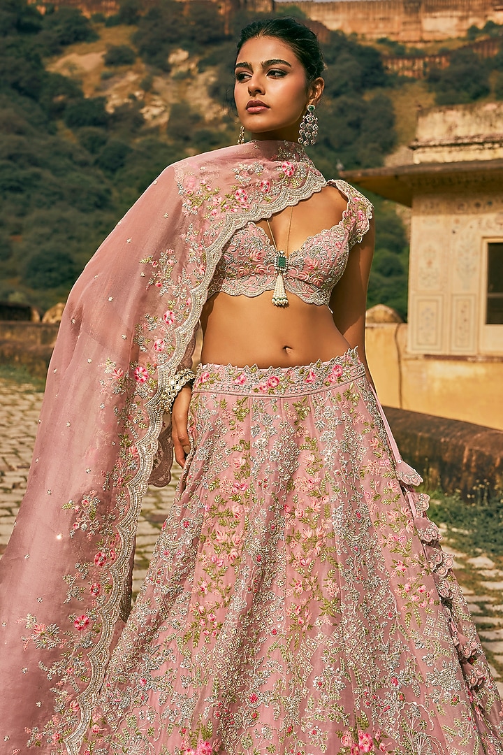 Blush Pink Organza Embroidered Bridal Lehenga Set by Anushree Reddy at Pernia's Pop Up Shop