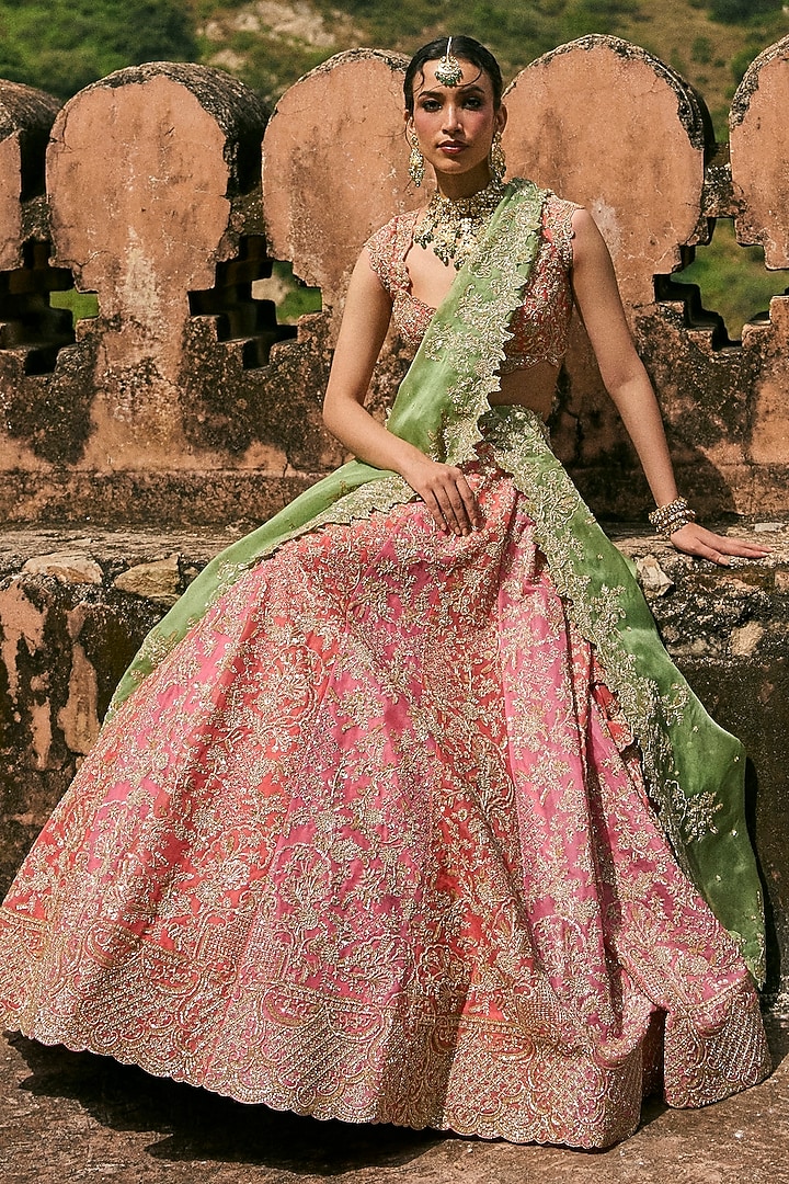 Coral Pink Organza Embroidered Bridal Lehenga Set by Anushree Reddy at Pernia's Pop Up Shop