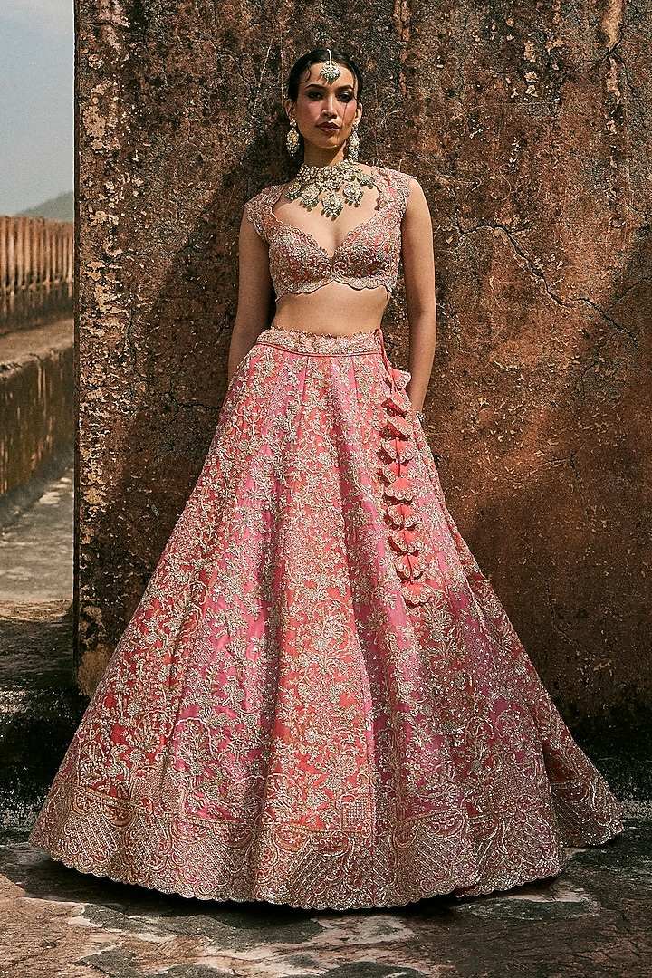 Coral Pink Organza Embroidered Bridal Lehenga Set by Anushree Reddy at Pernia's Pop Up Shop