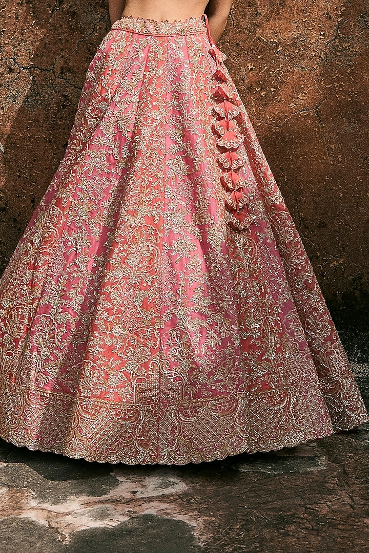 Coral Pink Organza Embroidered Bridal Lehenga Set by Anushree Reddy at Pernia's Pop Up Shop