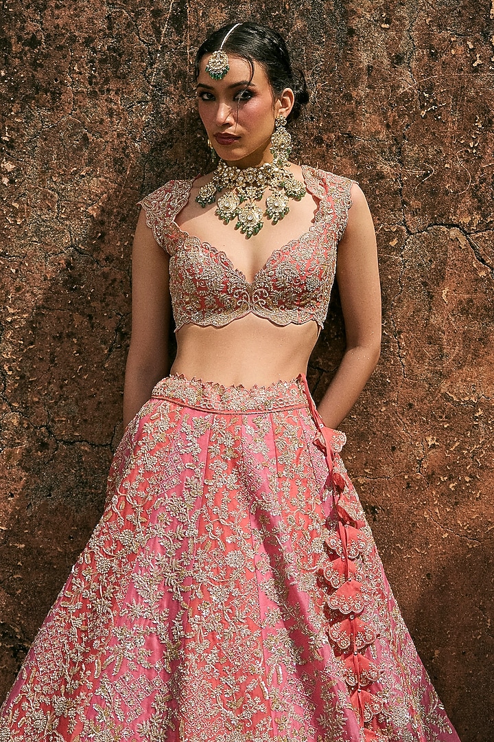 Coral Pink Organza Embroidered Bridal Lehenga Set by Anushree Reddy at Pernia's Pop Up Shop