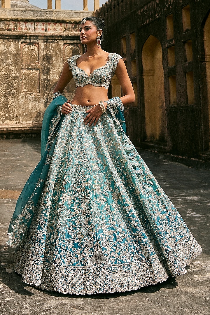 Blue Ombre Organza Embroidered Bridal Lehenga Set by Anushree Reddy at Pernia's Pop Up Shop