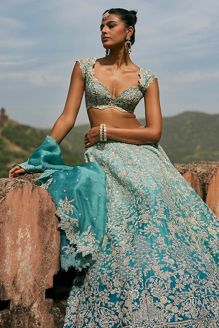 Blue Ombre Organza Embroidered Bridal Lehenga Set by Anushree Reddy at Pernia's Pop Up Shop