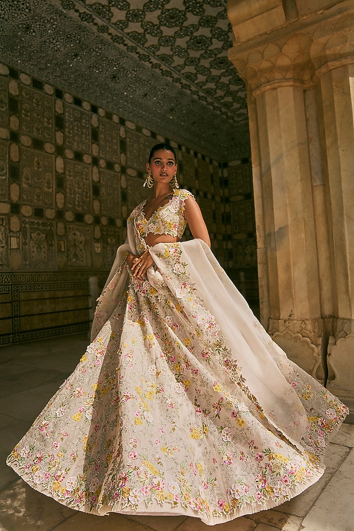 Ivory Organza Embroidered Bridal Lehenga Set by Anushree Reddy at Pernia's Pop Up Shop