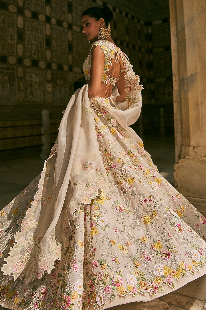 Ivory Organza Embroidered Bridal Lehenga Set by Anushree Reddy at Pernia's Pop Up Shop