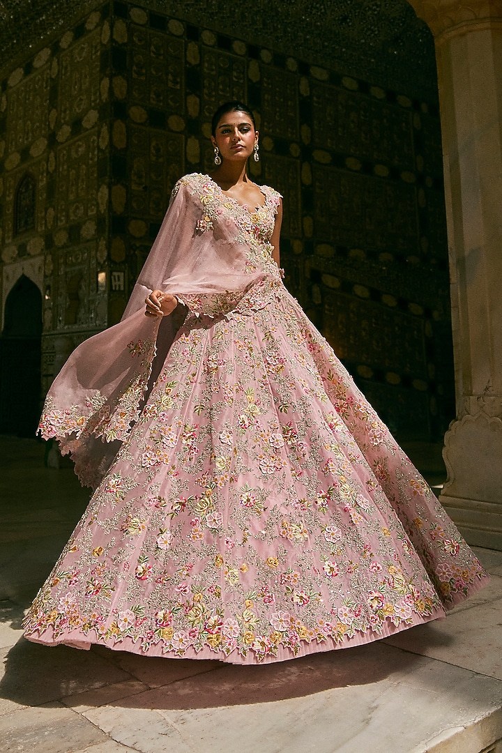 Pink Organza Embroidered Bridal Lehenga Set by Anushree Reddy at Pernia's Pop Up Shop