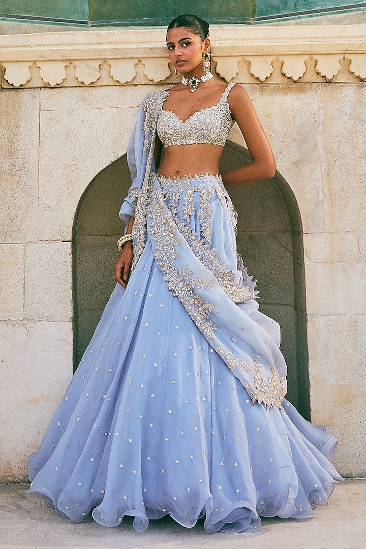 Blue Organza Embroidered Bridal Lehenga Set by Anushree Reddy at Pernia's Pop Up Shop