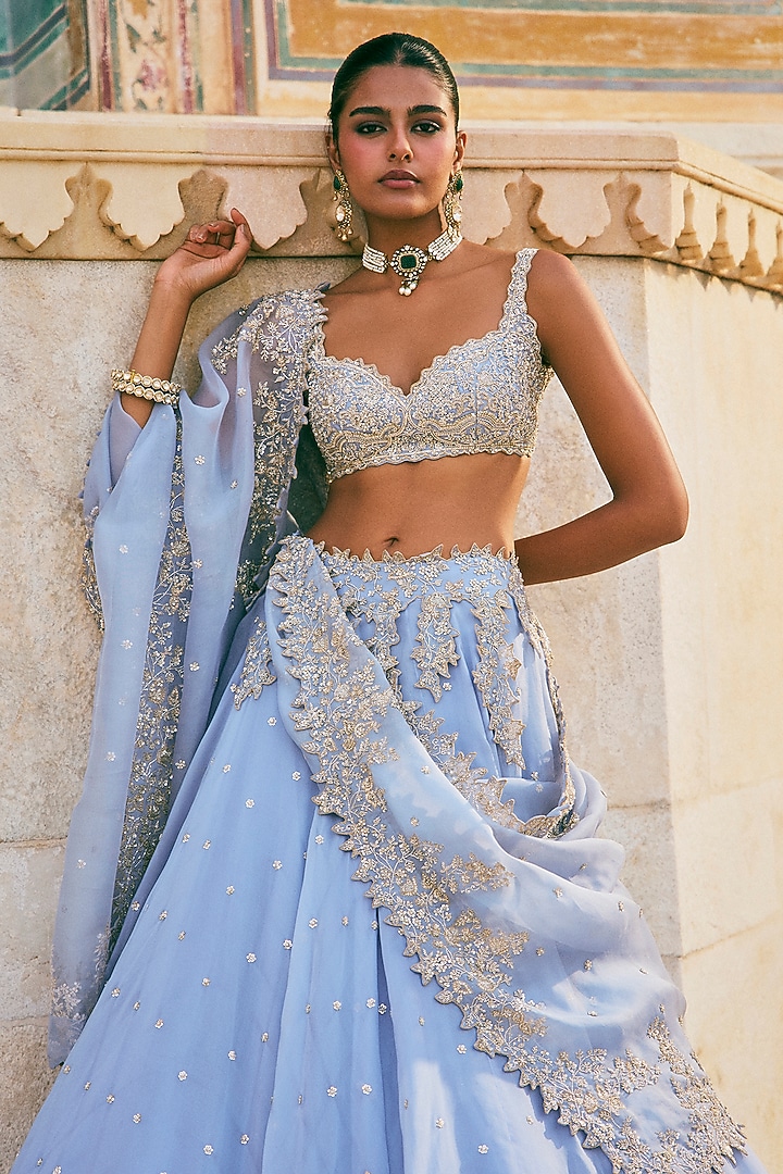 Blue Organza Embroidered Bridal Lehenga Set by Anushree Reddy at Pernia's Pop Up Shop