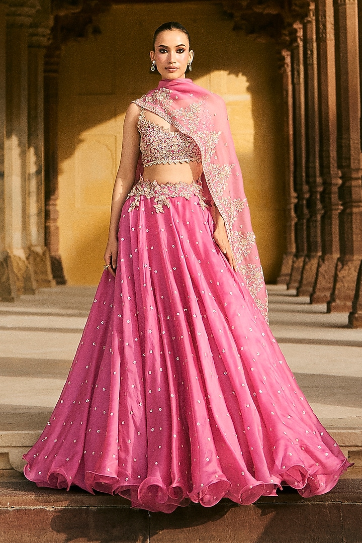 Pink Organza Embroidered Bridal Lehenga Set by Anushree Reddy at Pernia's Pop Up Shop