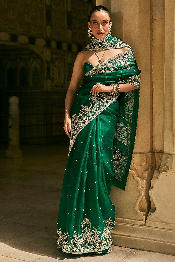 Emerald Green Organza Embroidered Bridal Saree Set by Anushree Reddy at Pernia's Pop Up Shop