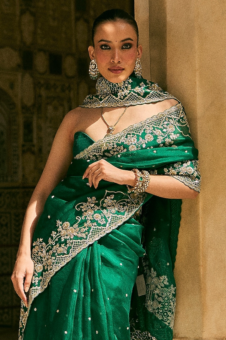 Emerald Green Organza Embroidered Bridal Saree Set by Anushree Reddy at Pernia's Pop Up Shop