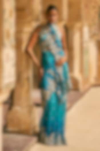 Blue Ombre Organza Embroidered Bridal Saree Set by Anushree Reddy at Pernia's Pop Up Shop