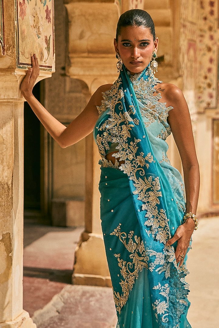 Blue Ombre Organza Embroidered Bridal Saree Set by Anushree Reddy at Pernia's Pop Up Shop