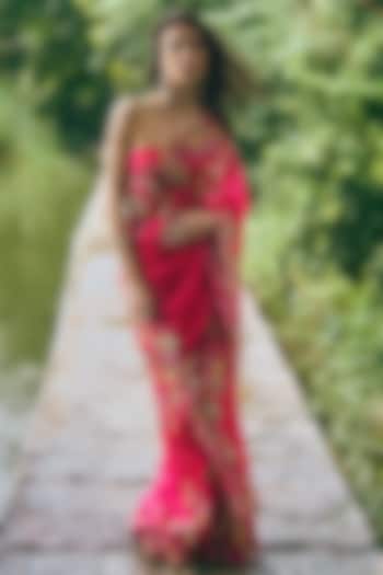 Cherry Red Organza Embroidered Wedding Saree Set by Anushree Reddy at Pernia's Pop Up Shop