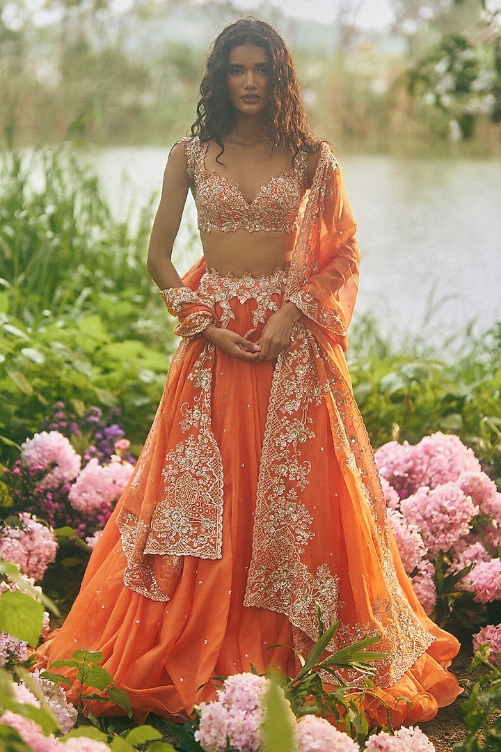Orange Organza Embroidered Bridal Lehenga Set by Anushree Reddy at Pernia's Pop Up Shop