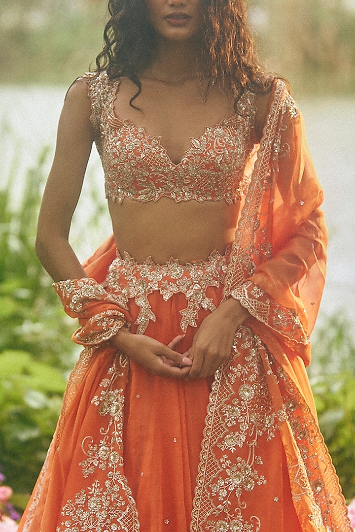 Orange Organza Embroidered Bridal Lehenga Set by Anushree Reddy at Pernia's Pop Up Shop