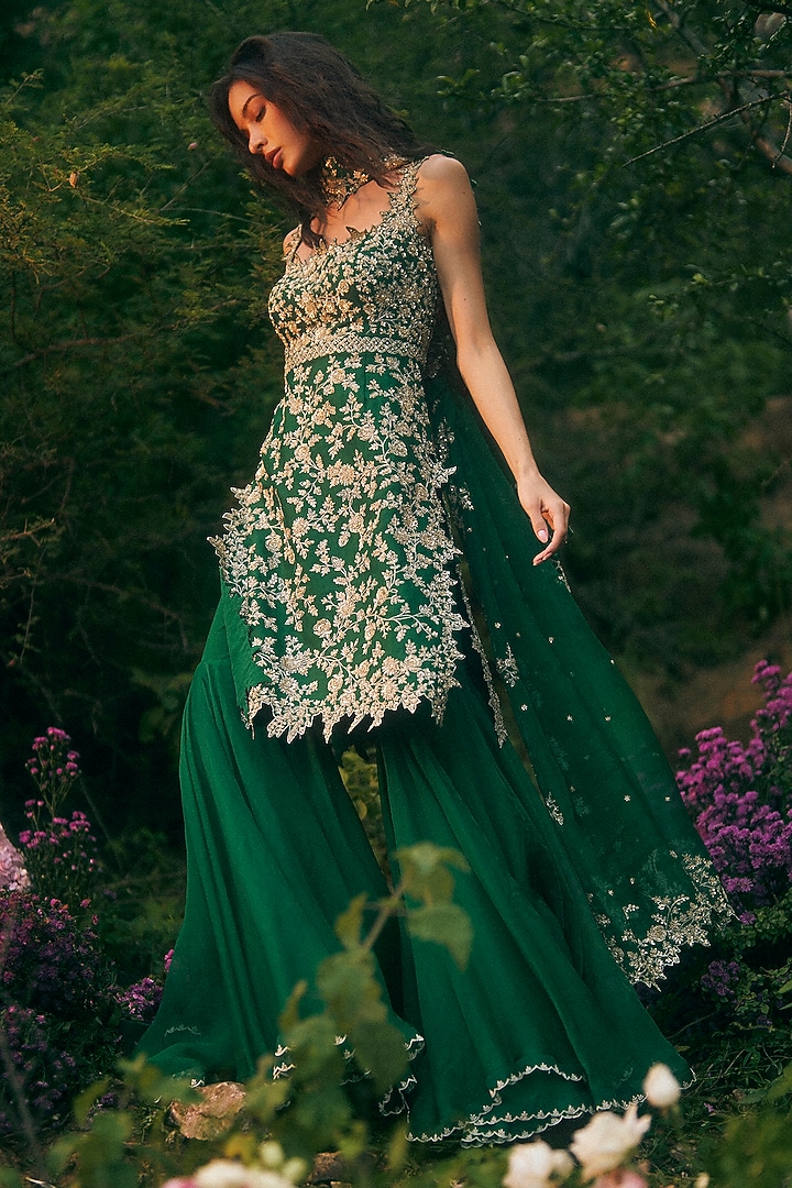Emerald Green Organza Bridal Sharara Set by Anushree Reddy at Pernia's Pop Up Shop