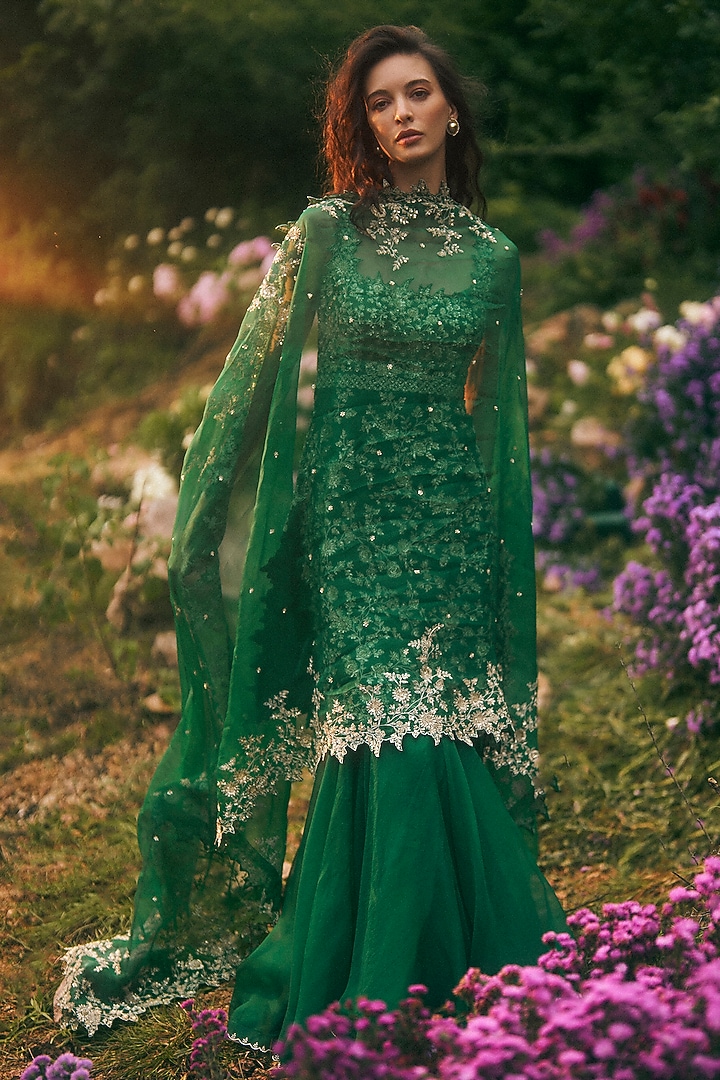 Emerald Green Organza Bridal Sharara Set by Anushree Reddy at Pernia's Pop Up Shop