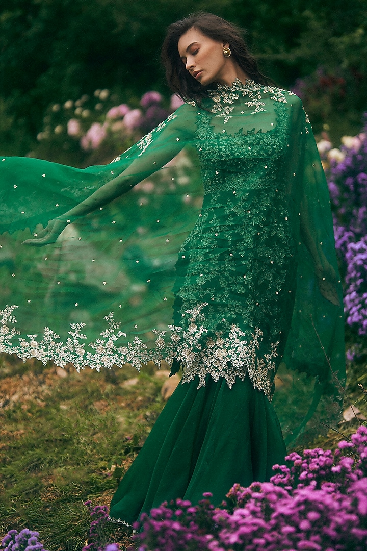 Emerald Green Organza Bridal Sharara Set by Anushree Reddy at Pernia's Pop Up Shop