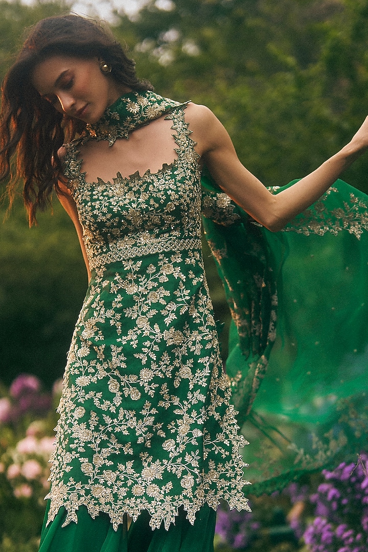 Emerald Green Organza Bridal Sharara Set by Anushree Reddy at Pernia's Pop Up Shop