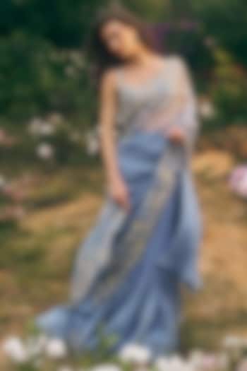 Powder Blue Organza Ruffled Reception Saree Set by Anushree Reddy at Pernia's Pop Up Shop