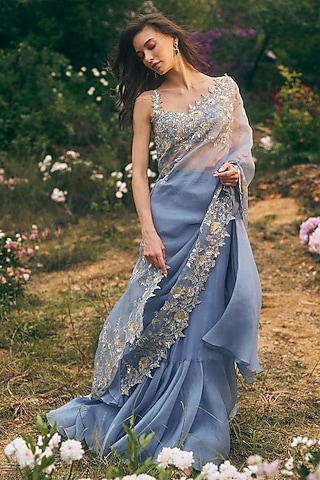 Powder Blue Organza Ruffled Saree Set by Anushree Reddy