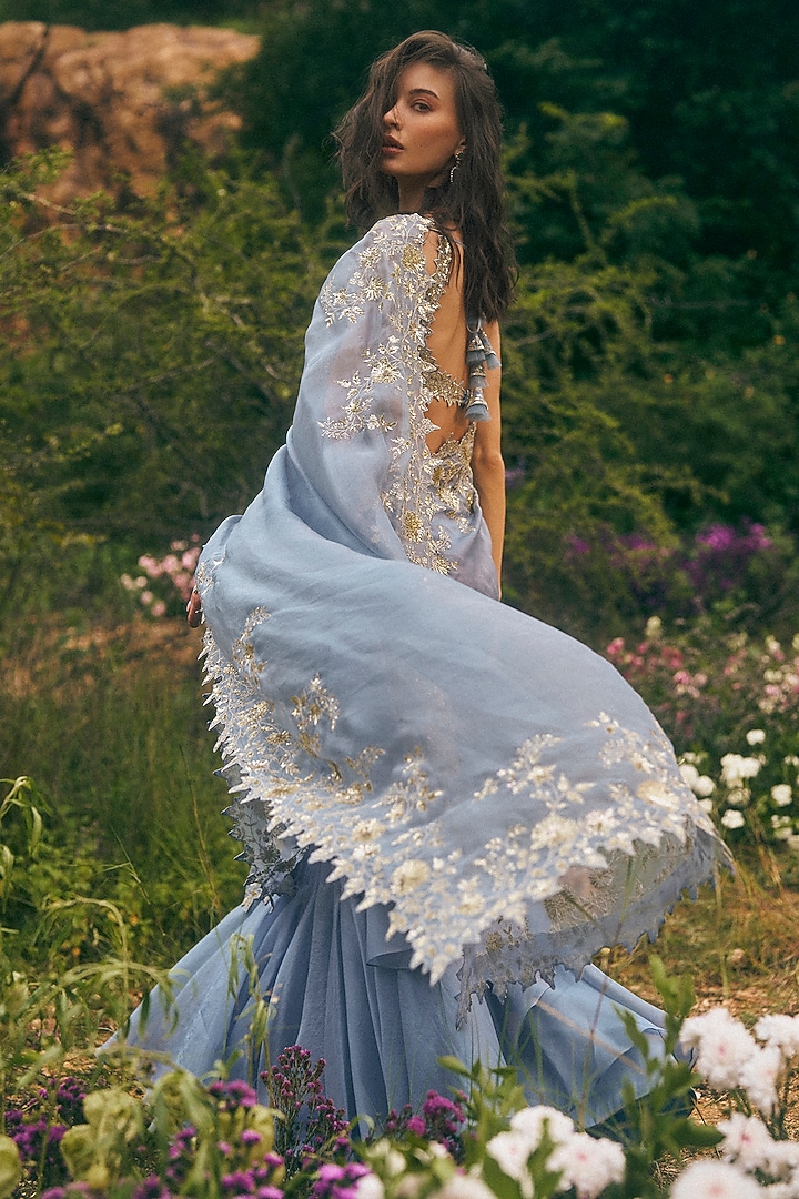Powder Blue Organza Ruffled Reception Saree Set by Anushree Reddy at Pernia's Pop Up Shop