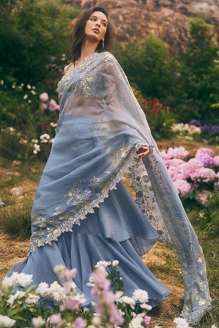 Powder Blue Organza Ruffled Reception Saree Set by Anushree Reddy at Pernia's Pop Up Shop