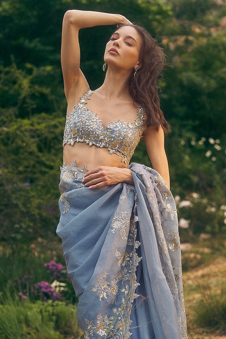Powder Blue Organza Ruffled Reception Saree Set by Anushree Reddy at Pernia's Pop Up Shop