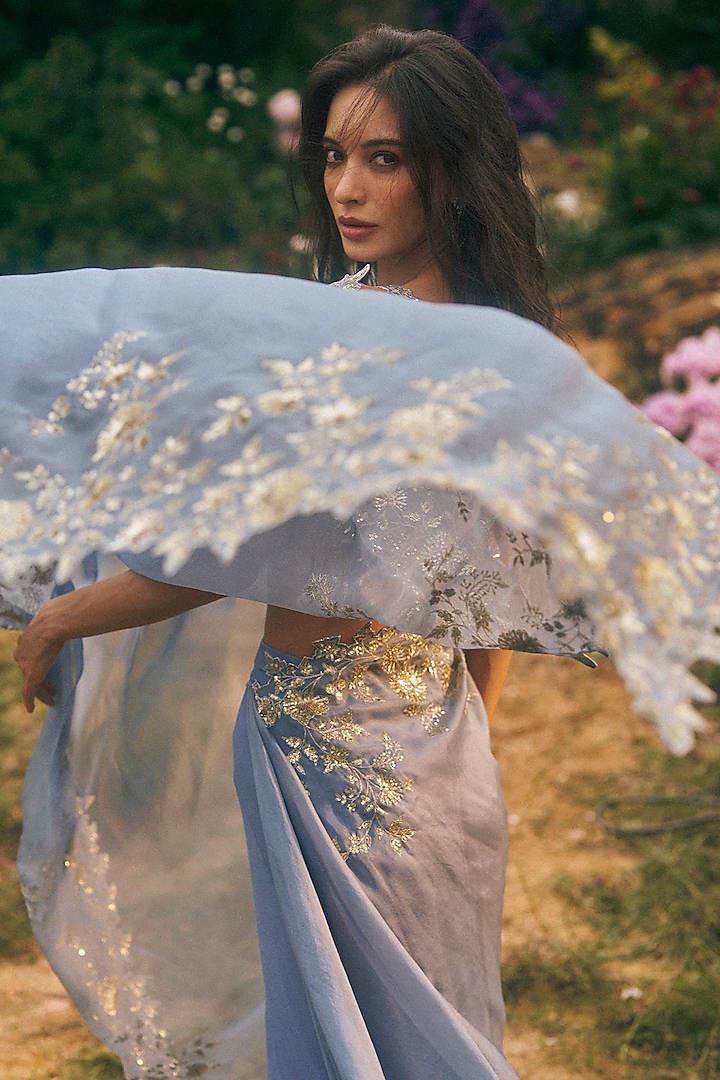 Powder Blue Organza Ruffled Reception Saree Set by Anushree Reddy at Pernia's Pop Up Shop