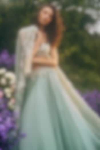 Sea Blue Organza Embroidered Bridal Lehenga Set by Anushree Reddy at Pernia's Pop Up Shop