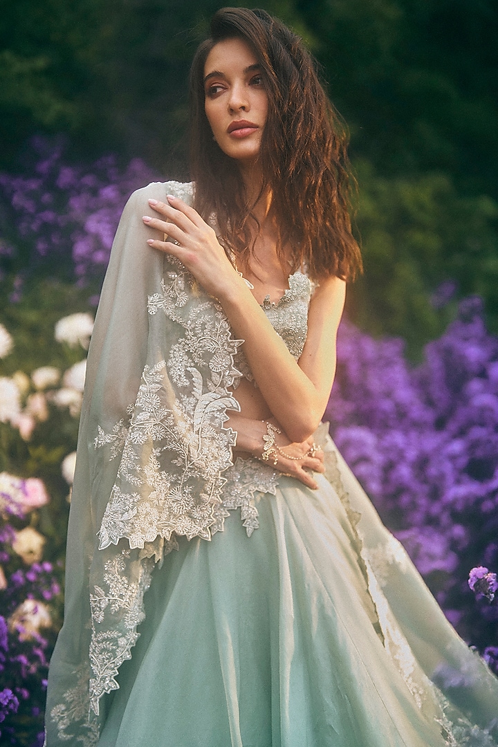 Sea Blue Organza Embroidered Bridal Lehenga Set by Anushree Reddy at Pernia's Pop Up Shop