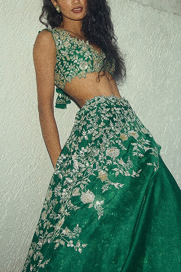Emerald Green Organza Embroidered Bridal Lehenga Set by Anushree Reddy at Pernia's Pop Up Shop