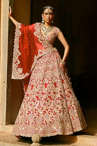 Red Organza Embroidered Lehenga Set by anushree reddy